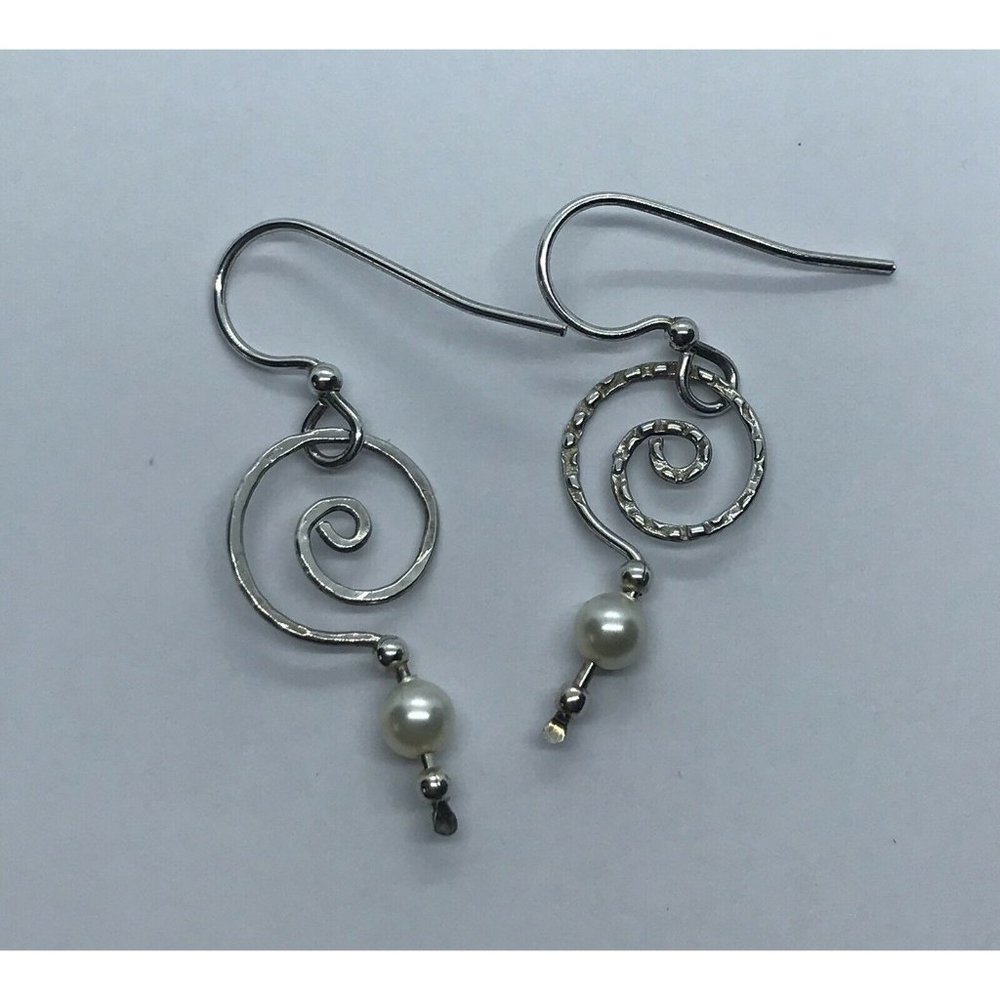 Sterling Silver Textured Spiral Scroll Faux Pearl Dangle Hook Earrings